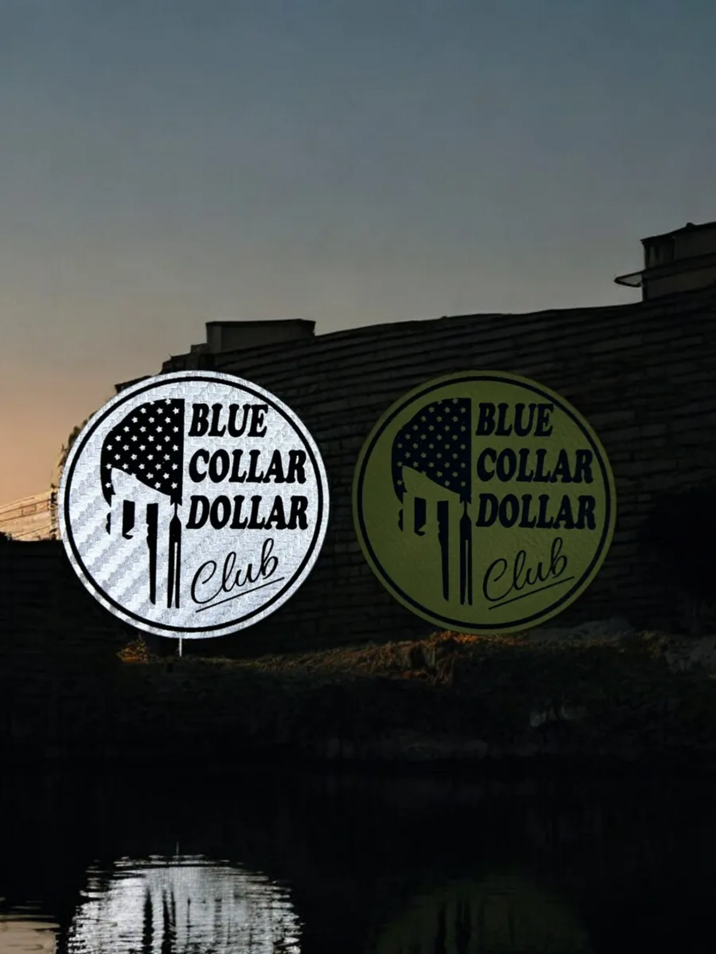 Two 'Blue Collar Dollar Club' logos on a building with a sunset or sunrise background.