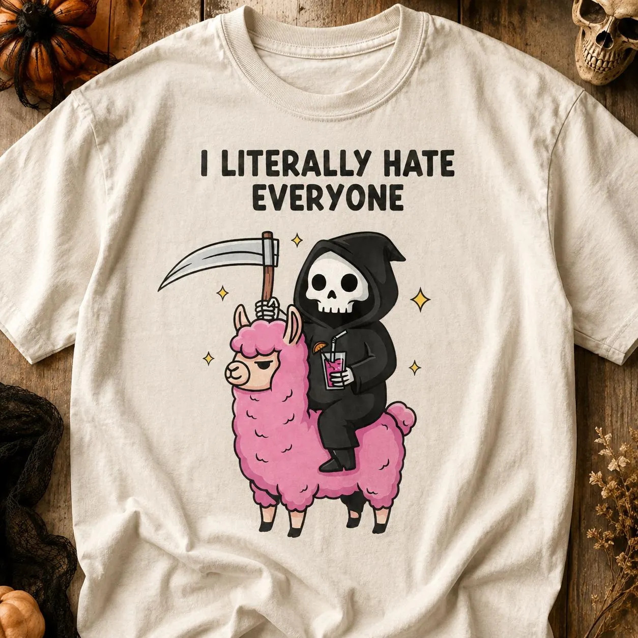 I Literally Hate Everyone Halloween Shirt – Grim Reaper & Pink Llama Tee