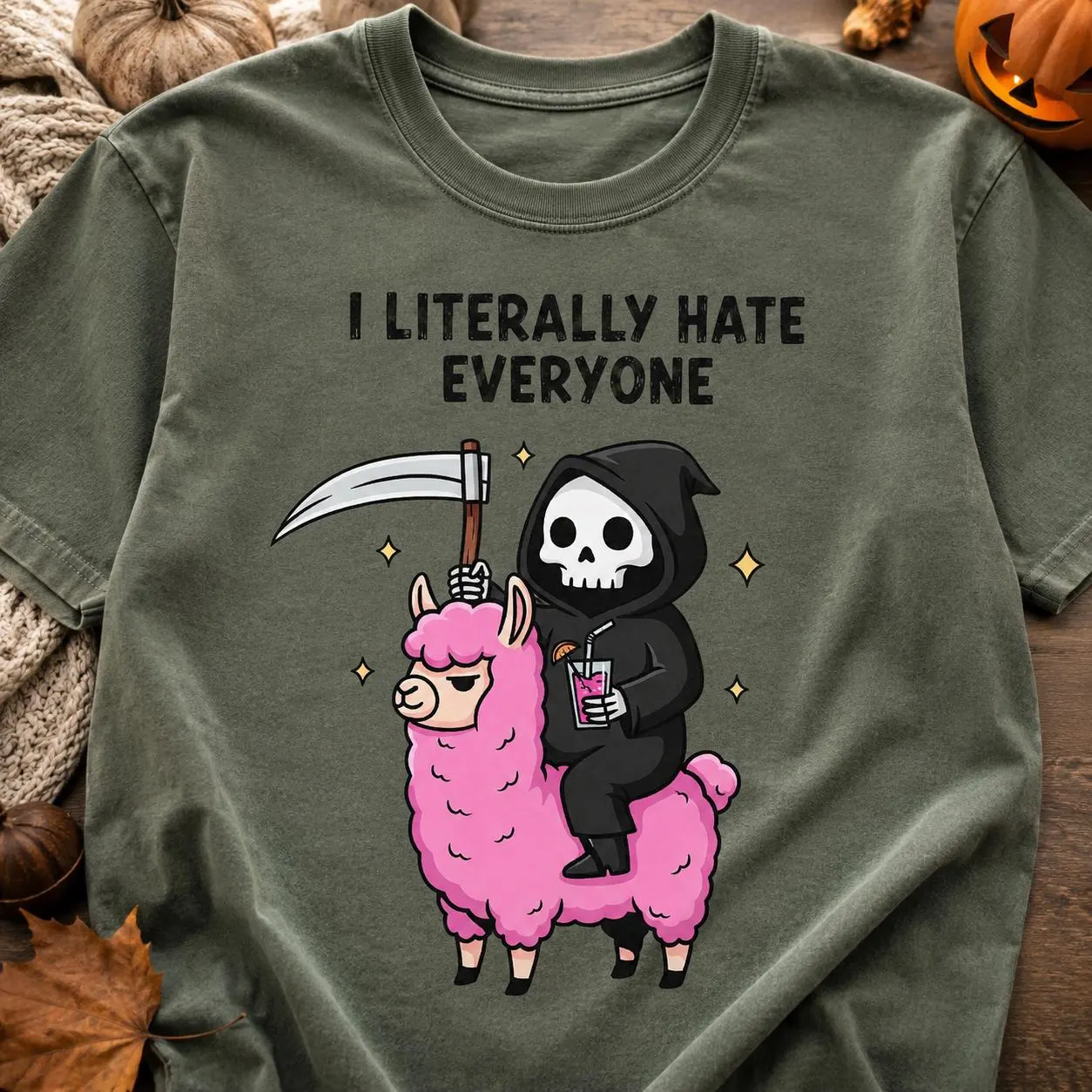 I Literally Hate Everyone Halloween Shirt – Grim Reaper & Pink Llama Tee
