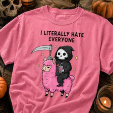 I Literally Hate Everyone Halloween Shirt – Grim Reaper & Pink Llama Tee