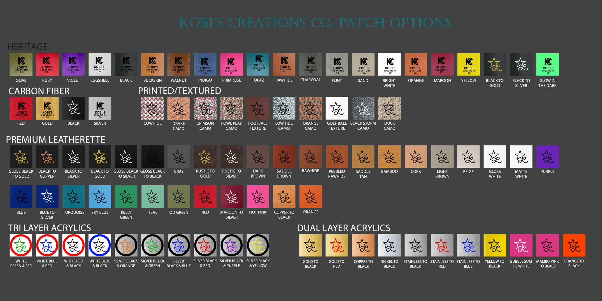 Color swatch chart for various material options that we offer. The best quality patch leather and acrylic on the market, hands down!